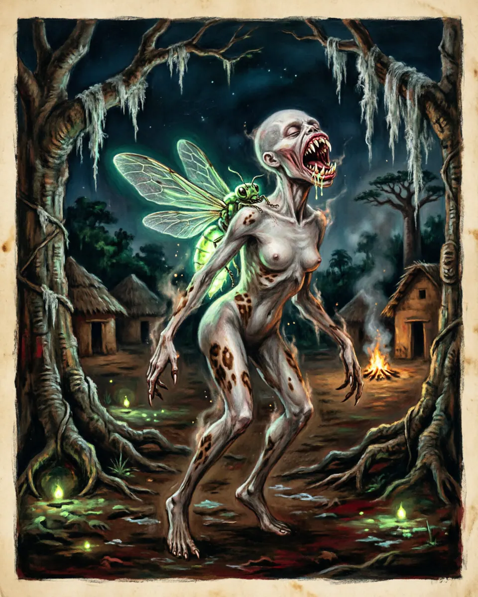 Illustration of Adze, a vampires & blood-drinkers figure from Ewe Night Villages, Ghana / Togo, showing A tiny glowing insect at night, but when captured or revealed, a humanoid witch-being with a thirsting mouth.