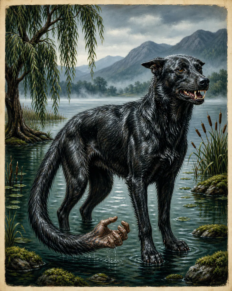 Illustration of Ahuizotl, a lake & sea monsters figure from Valley of Mexico Lakes, Mexico, showing A dog-like water beast with slick fur, small ears, sharp teeth, and a grasping humanlike hand growing from its tail.