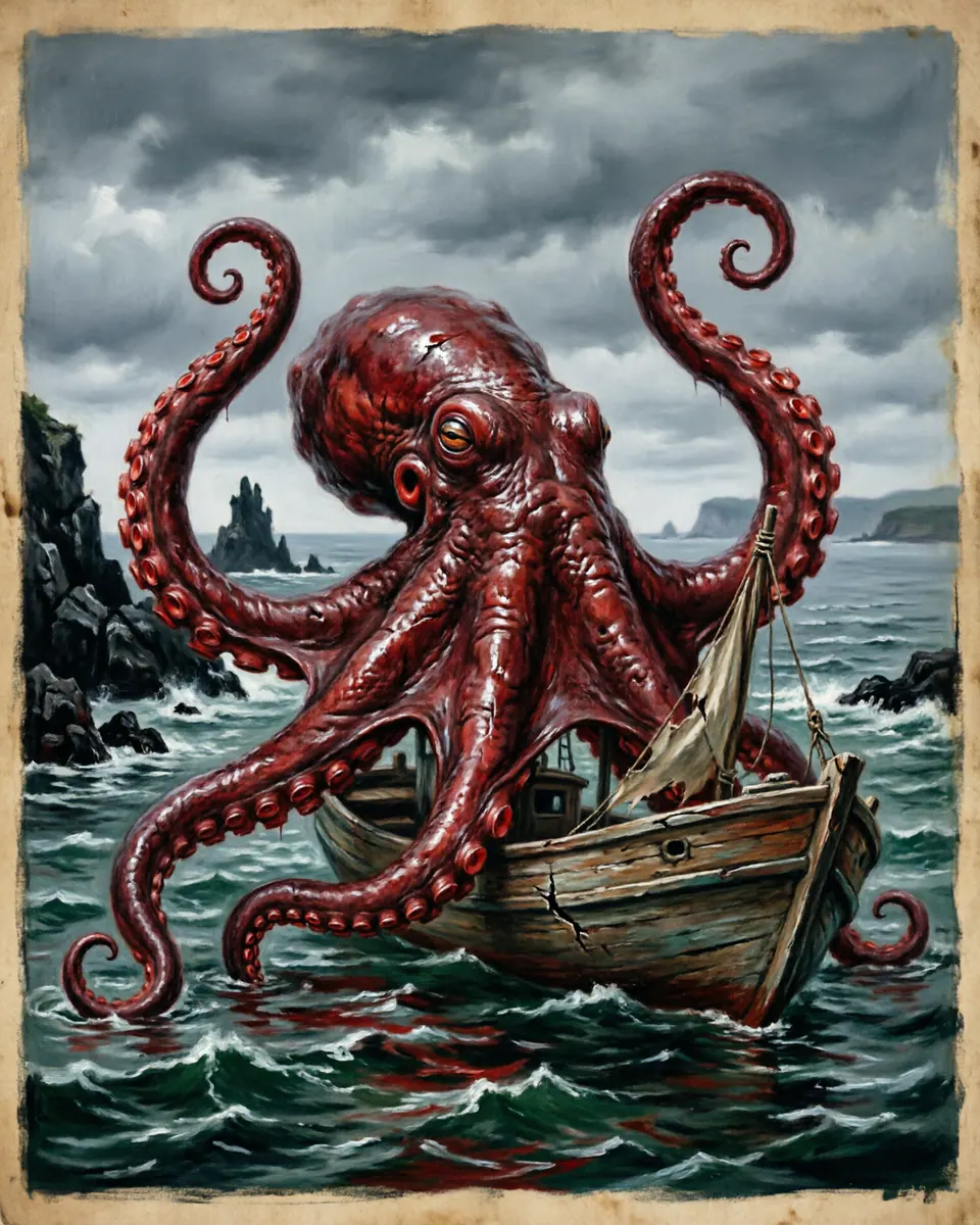 Illustration of Akkorokamui, a lake & sea monsters figure from Hokkaido and Ainu Waters, Japan, showing A red colossal octopus whose spread can stain the sea and whose arms move like living ropes around boats.