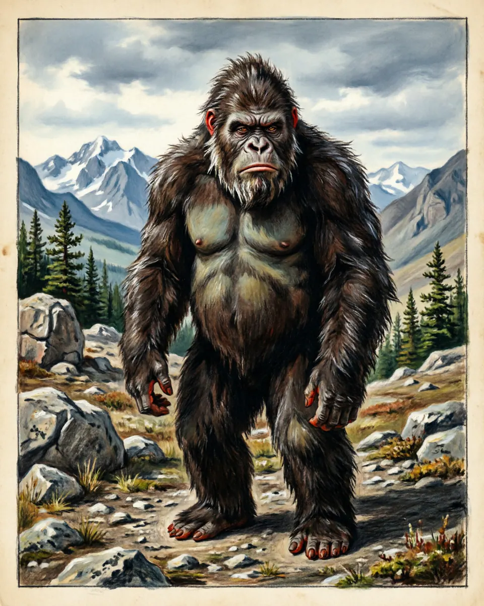 Illustration of Almas, a humanoid cryptids figure from Altai Mountains, Mongolia, showing Slightly shorter and more human-like than Bigfoot, with dark hairy coats, prominent brow ridges, flat noses, and a total lack of human speech.