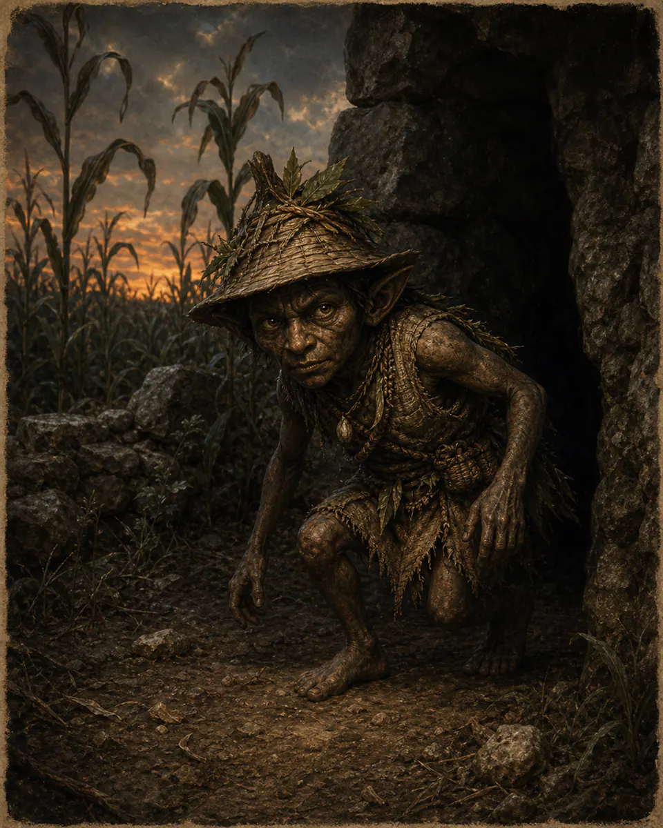 Illustration of Alux, a fae & little folk figure from Yucatán Milpas, Mexico, showing A knee-high figure like a miniature Maya farmer, quick-footed and half-visible at dusk, with sharp eyes and a clay-dust scent.