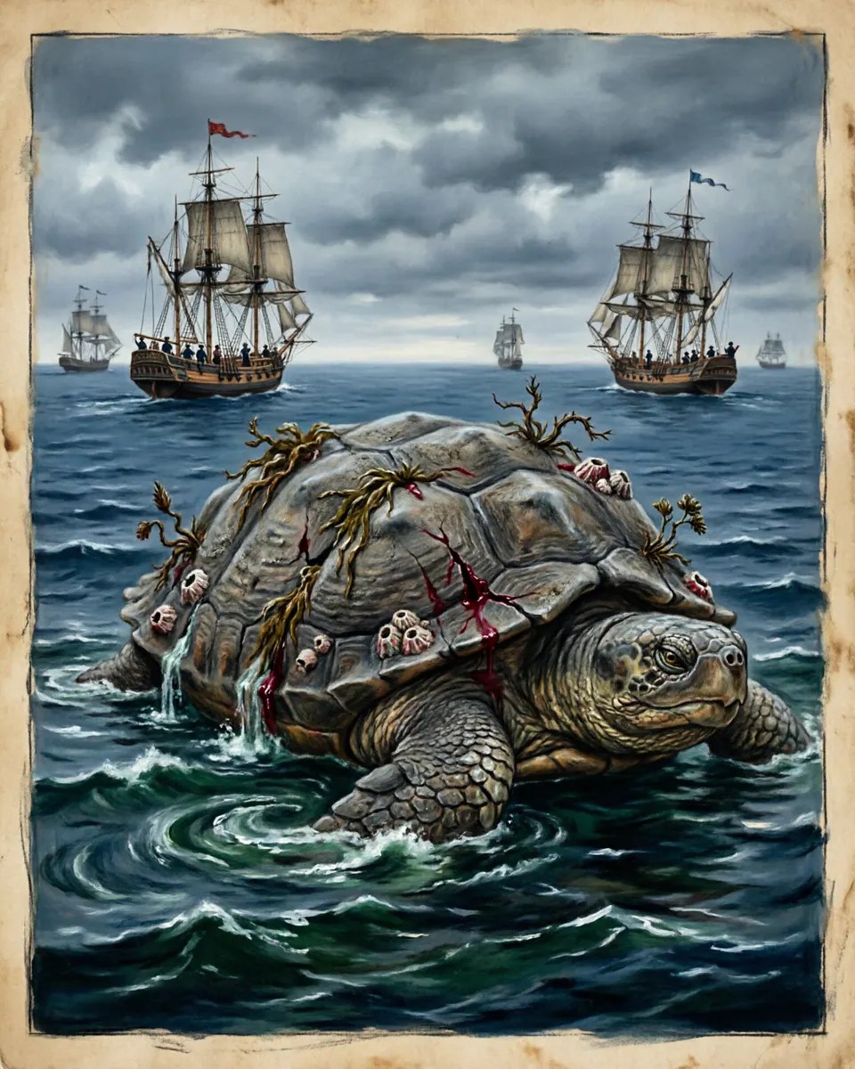 Illustration of Aspidochelone, a lake & sea monsters figure from Medieval Open Ocean, Open Ocean, showing A dark shell-island with sand, weeds, and false safety on its back before it dives beneath sailors.