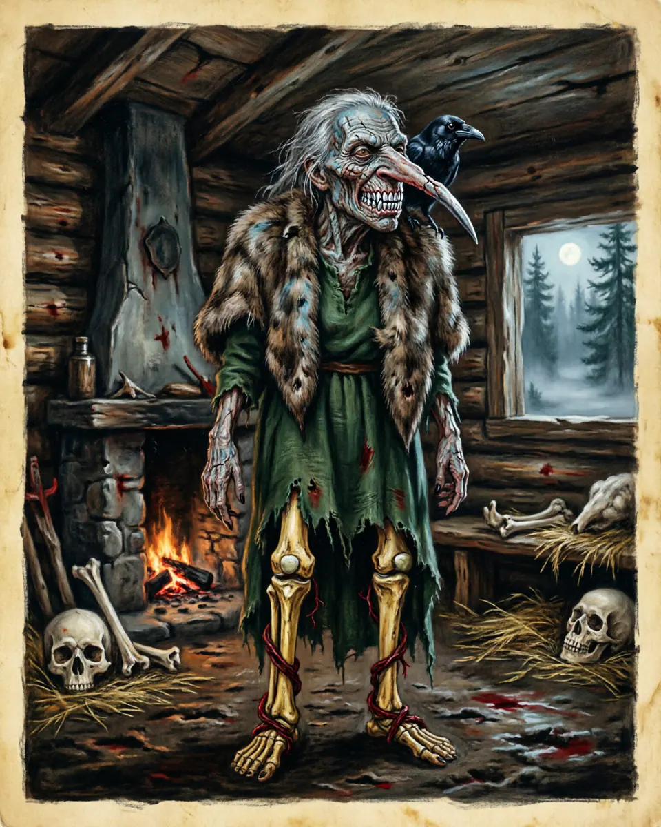 Illustration of Baba Yaga, a spirits, ghosts & demons figure from Siberian Forests, Russia / Slavic lands, showing A mutated old witch with a nose so long it touches her ceiling, a silver row of iron teeth, and legs made of dry human bones.