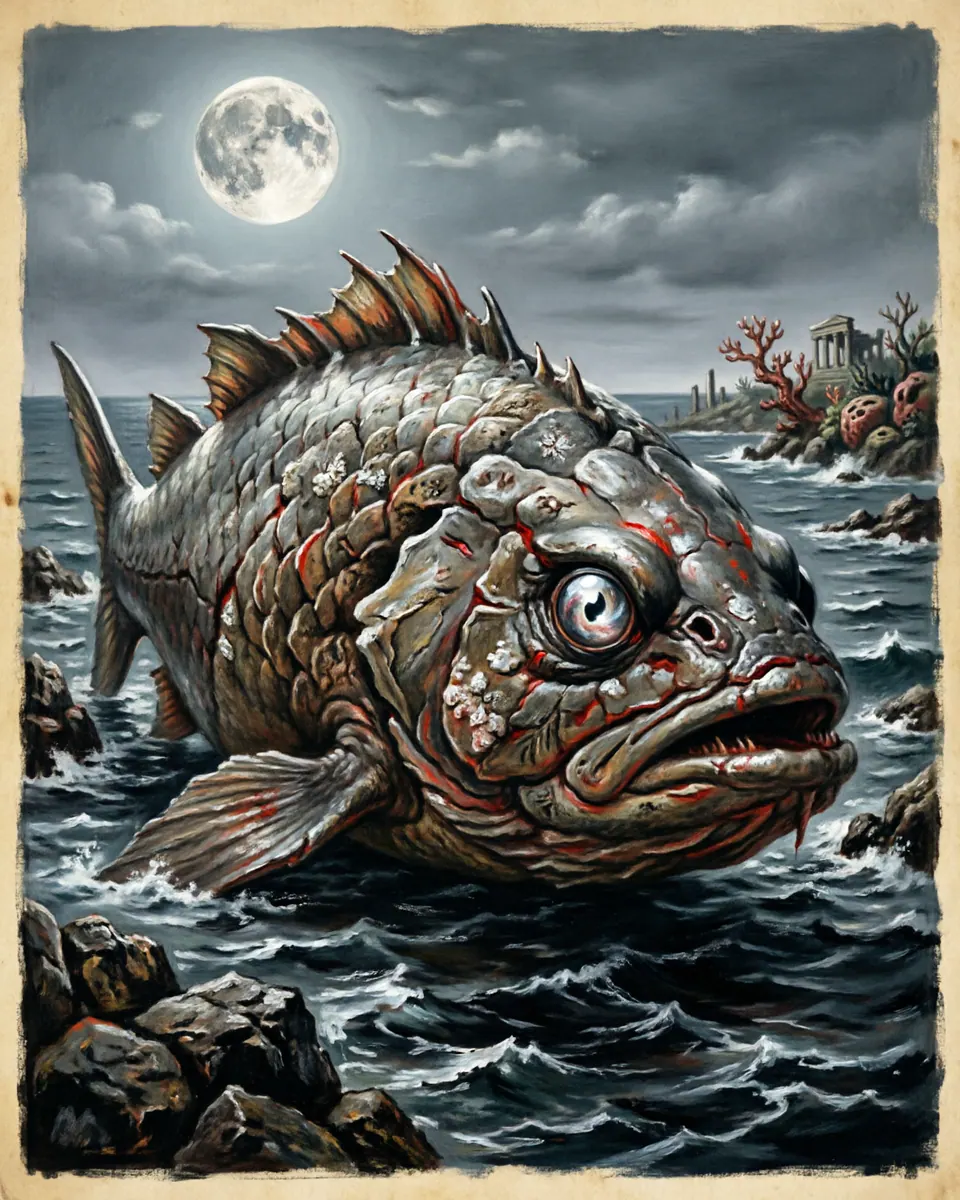 Illustration of Bahamut, a lake & sea monsters figure from Cosmic Ocean, Middle East, showing A cosmic fish of impossible size, with scales like continents and an eye compared to a shining moon.