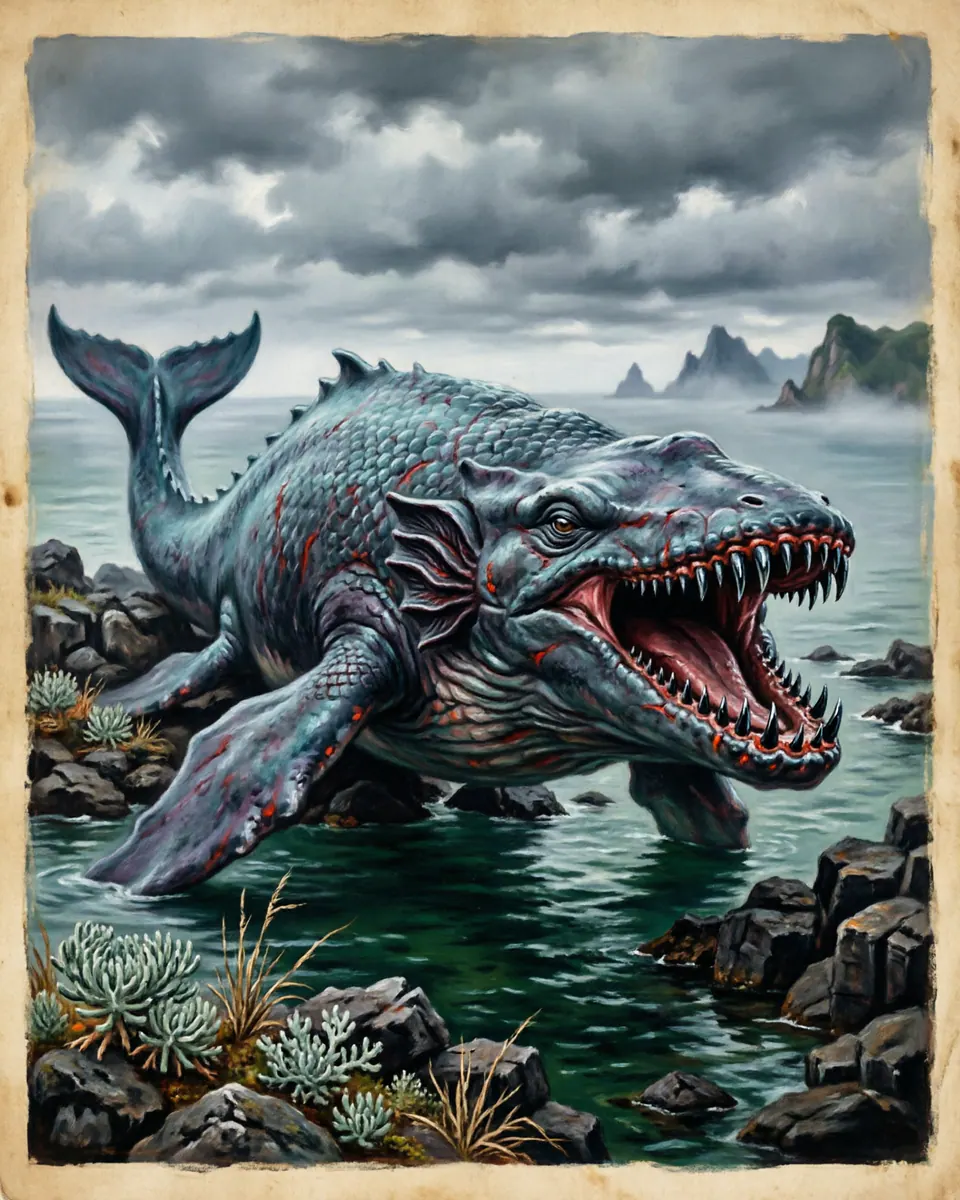 Illustration of Bakunawa, a dragons & sea serpents figure from Visayan Sea, Philippines, showing A gargantuan sea dragon with whale-like flippers, gills, a massive jaw of obsidian teeth, and scales that shimmer like volcanic glass.