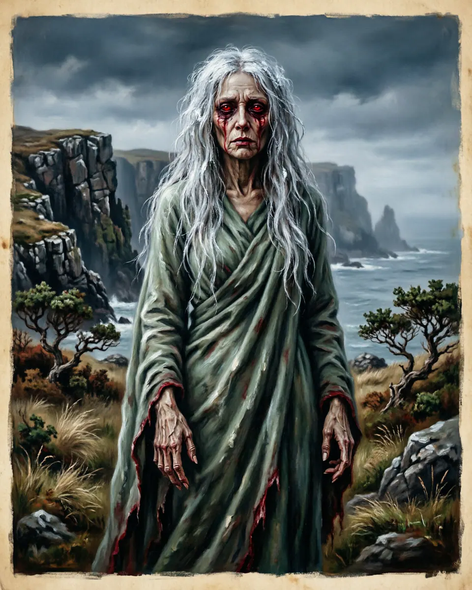 Illustration of Banshee (Bean Sídhe), a spirits, ghosts & demons figure from County Kerry, Ireland, showing A gaunt ghost wearing a shimmering gray or emerald shroud cloak, with long silver hair, hollow tear-scalded crimson eyes, and bony fingers.
