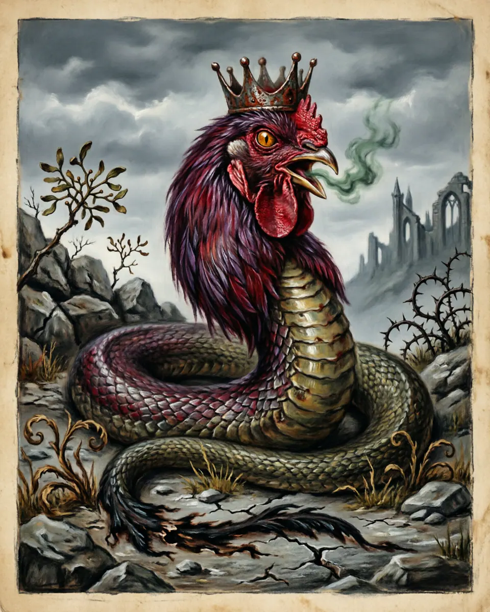 Illustration of Basilisk, a dragons & sea serpents figure from European Bestiaries, Europe, showing A crowned serpent or rooster-serpent hybrid with lethal eyes, venomous breath, and a trail that poisons ground.