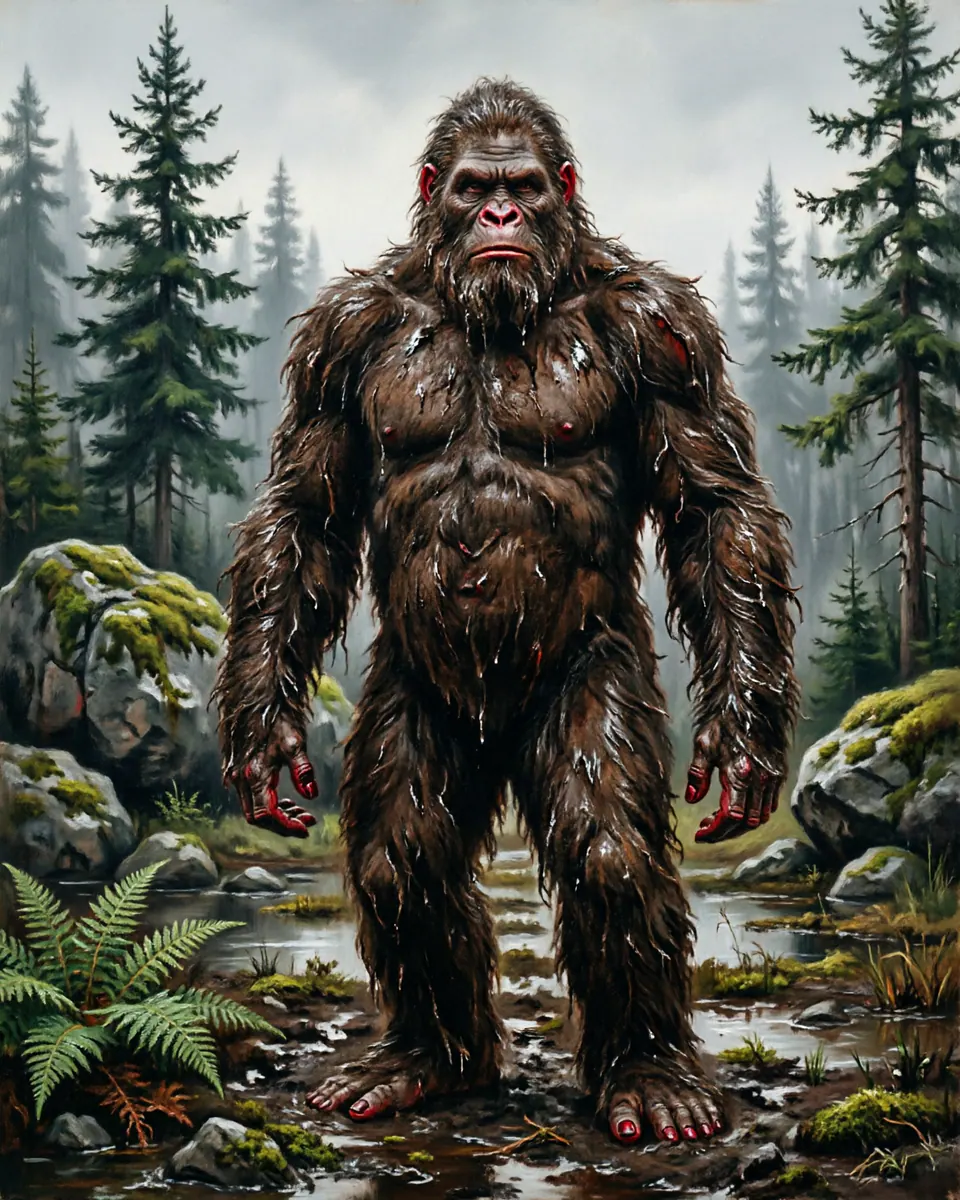 Illustration of Bigfoot / Sasquatch, a humanoid cryptids figure from Pacific Northwest, USA, showing A massive, broad-shouldered hominid standing 7 to 10 feet tall, with a flat face, no visible neck, and covered in dark brown, foul-smelling hair.