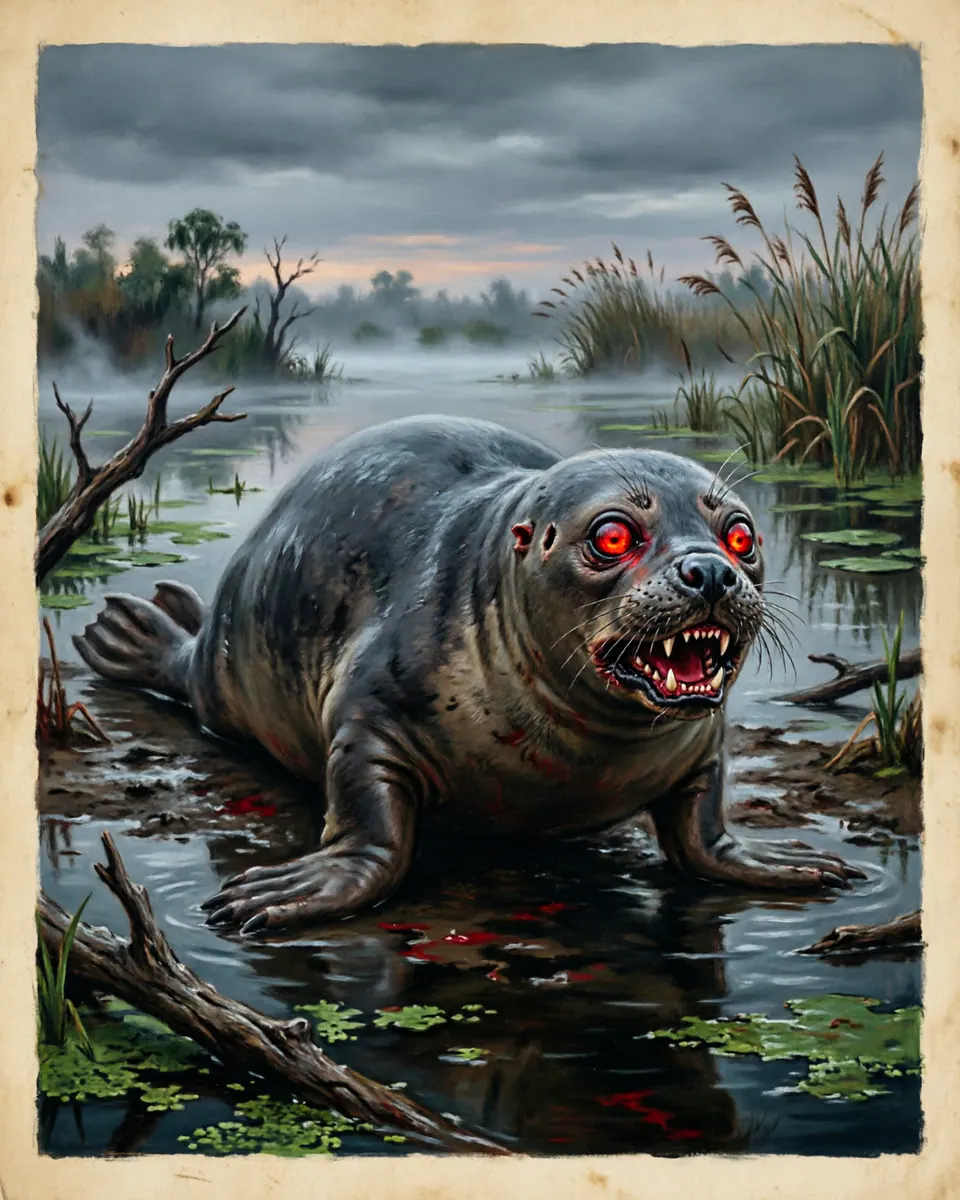 Illustration of Bunyip, a lake & sea monsters figure from Murray-Darling Swamps, Australia, showing A horrific hybrid creature: the body of a round seal, hind flippers, a flat dog-like face with glowing red eyes, and a terrifying banshee cry.