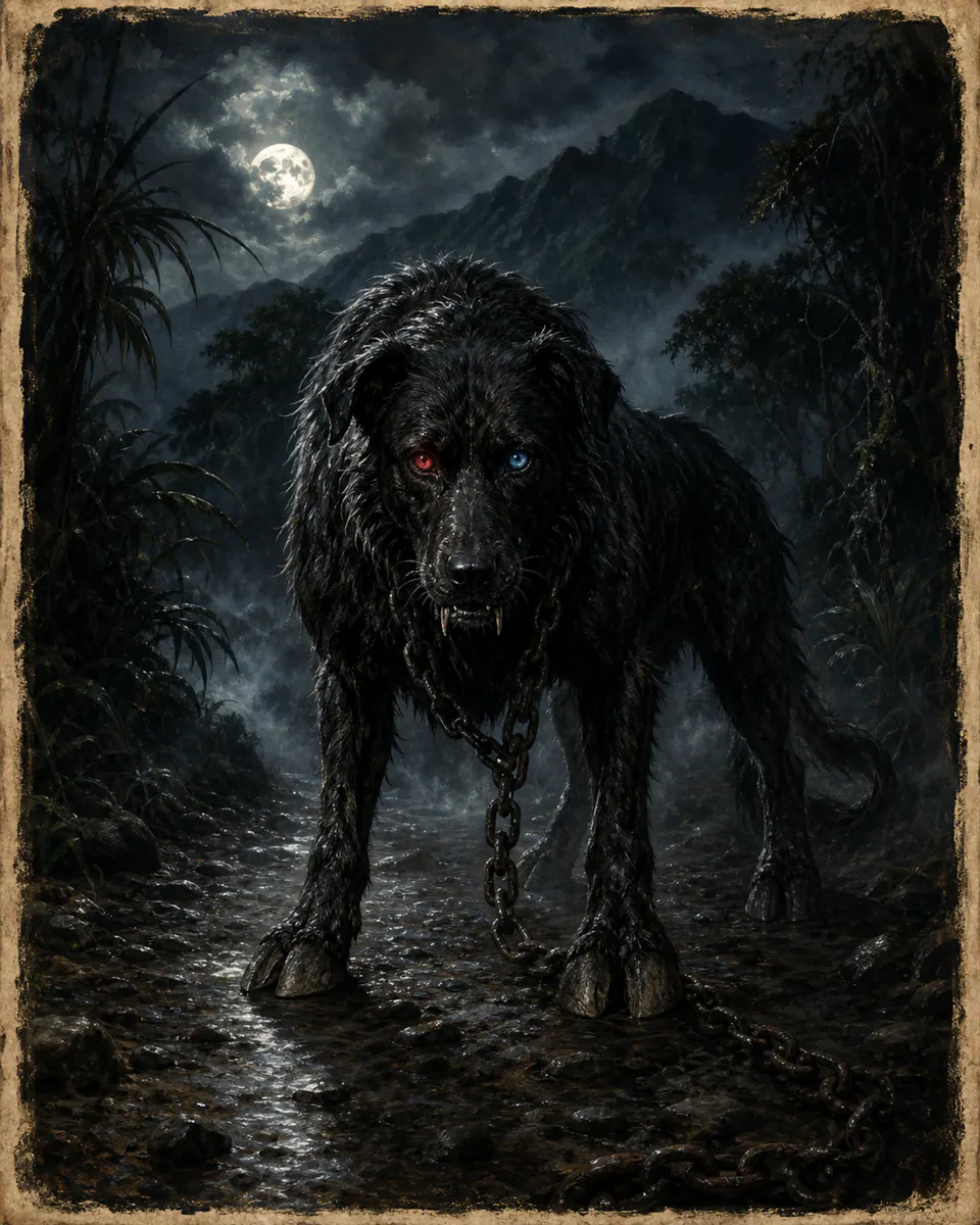 Illustration of El Cadejo, a spirits, ghosts & demons figure from Central Valley Roads, Costa Rica, showing A shaggy dog as large as a calf, with glowing red or blue eyes, goat-like hooves in some tellings, and a chain dragging from its neck.