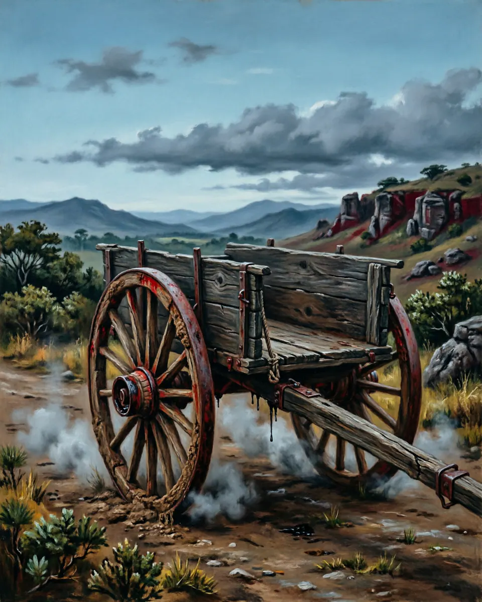Illustration of La Carreta sin Bueyes, a spirits, ghosts & demons figure from Escazú Hills, Costa Rica, showing An empty wooden cart heard before it is seen, wheels shrieking like unoiled iron, with no animals pulling it through the road dust.