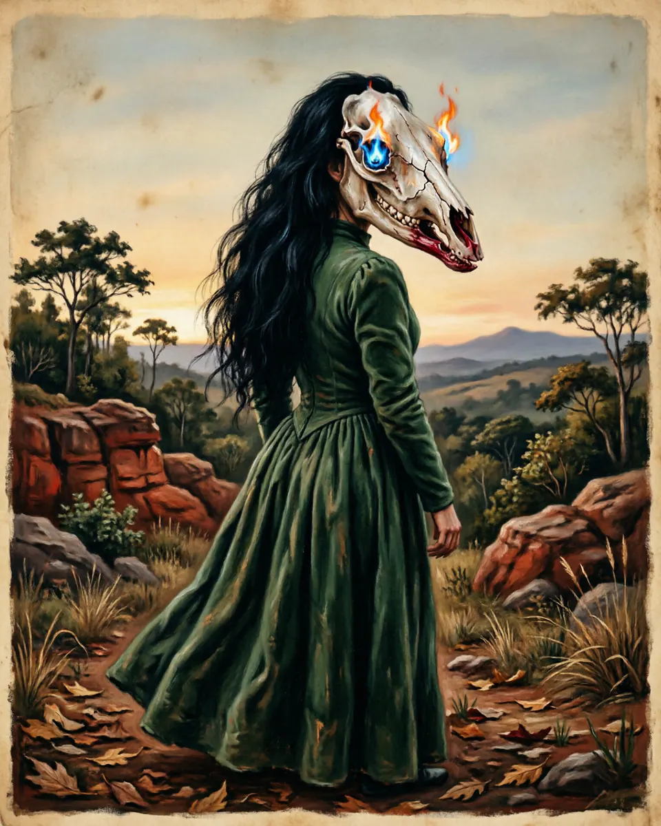 Illustration of La Cegua / Segua, a shapeshifters & lycanthropes figure from Guanacaste Roadways, Costa Rica, showing From behind she appears as a graceful long-haired woman.