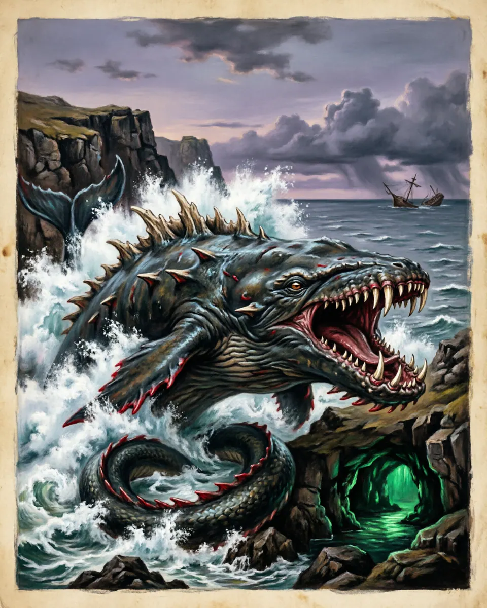 Illustration of Cetus, a lake & sea monsters figure from Greek Mythic Coasts, Greece / Ethiopia, showing A whale-serpent-dragon of jagged fins, crushing jaws, and surf exploding around its back.