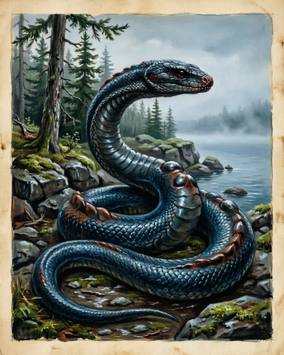 Illustration of Champ, a lake & sea monsters figure from Lake Champlain, NY/VT, USA / Canada, showing A dark serpent-like beast, 15 to 40 feet long, with a snake-like head, smooth bluish-black scales, and multiple distinct humps.
