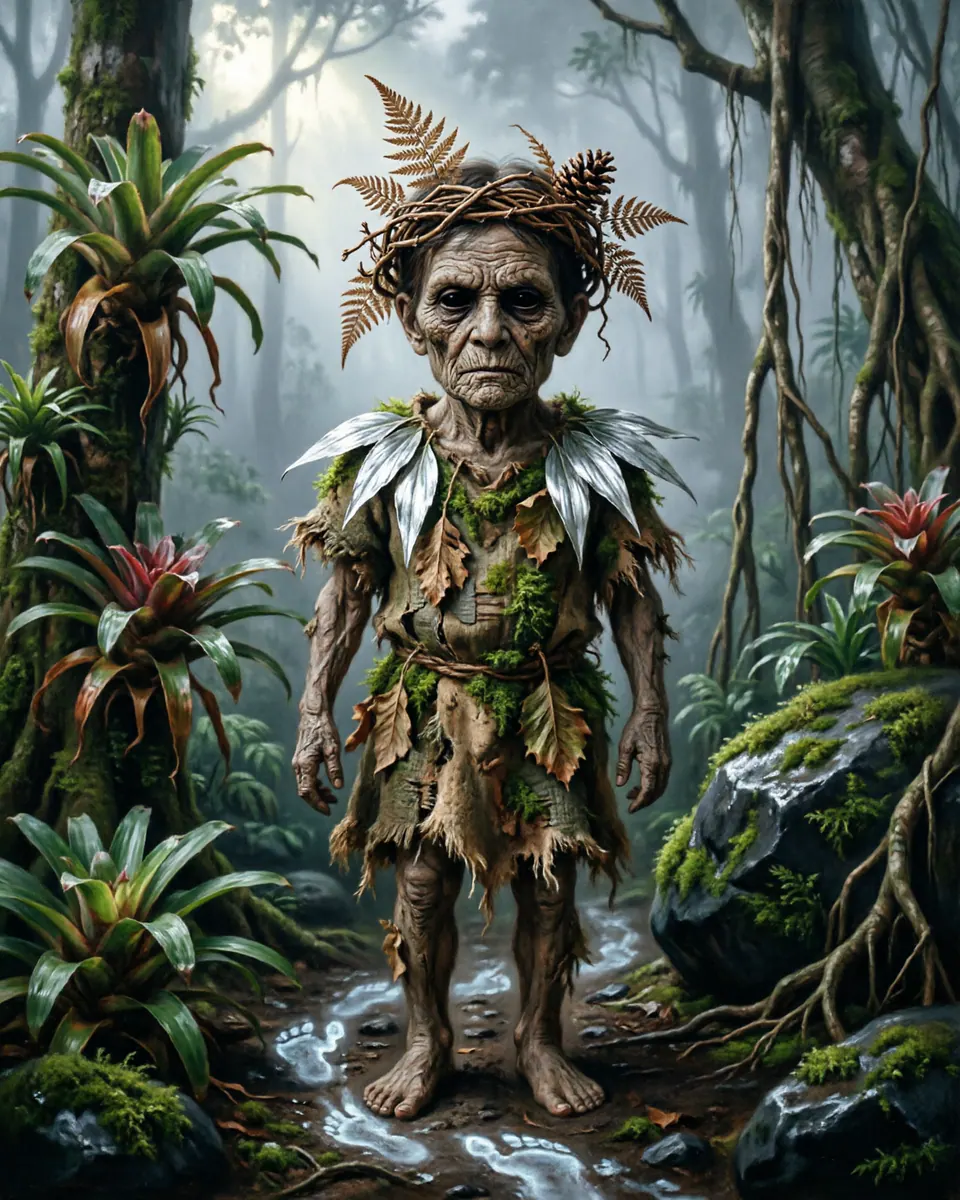 Illustration of Chaneque, a fae & little folk figure from Veracruz Cloud Forests, Mexico, showing A small forest person with an old face, dark eyes, and a childlike body, sometimes wearing leaves or a small hat and leaving pale traces on the path.