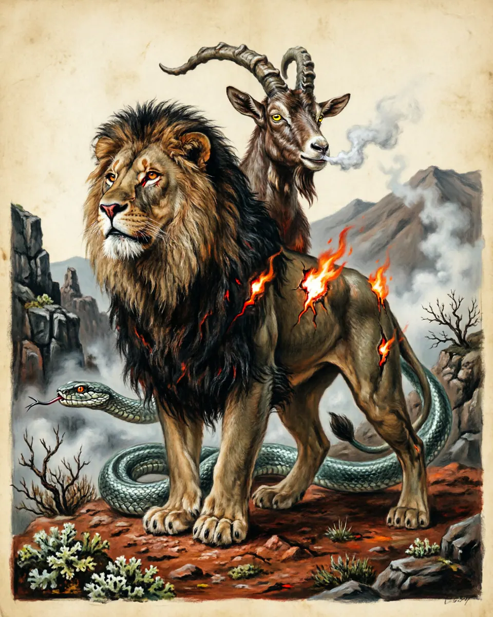 Illustration of Chimera, a dragons & sea serpents figure from Lycian Fire Mountains, Turkey / Greece, showing A lion-fronted beast with goat rising from its back, serpent tail, and fire spilling from more than one nature.
