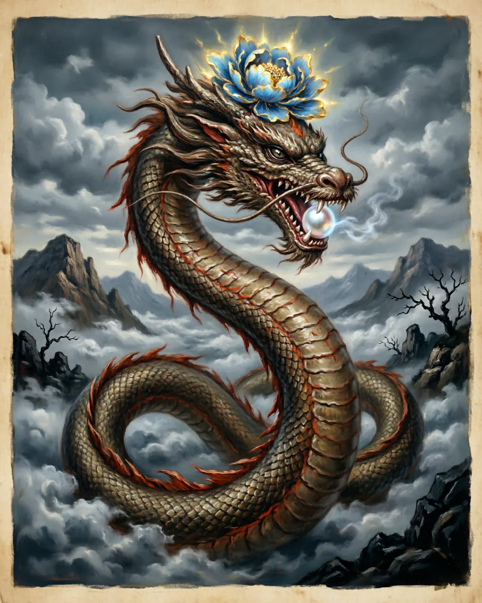 Illustration of Chinese Dragon (Long), a dragons & sea serpents figure from Yellow River Valley, China, showing A long, wingless serpentine dragon that flies through the clouds via its spiritual 'Mudan' crown, glowing blue-gold with an optional pearl in its jaw.