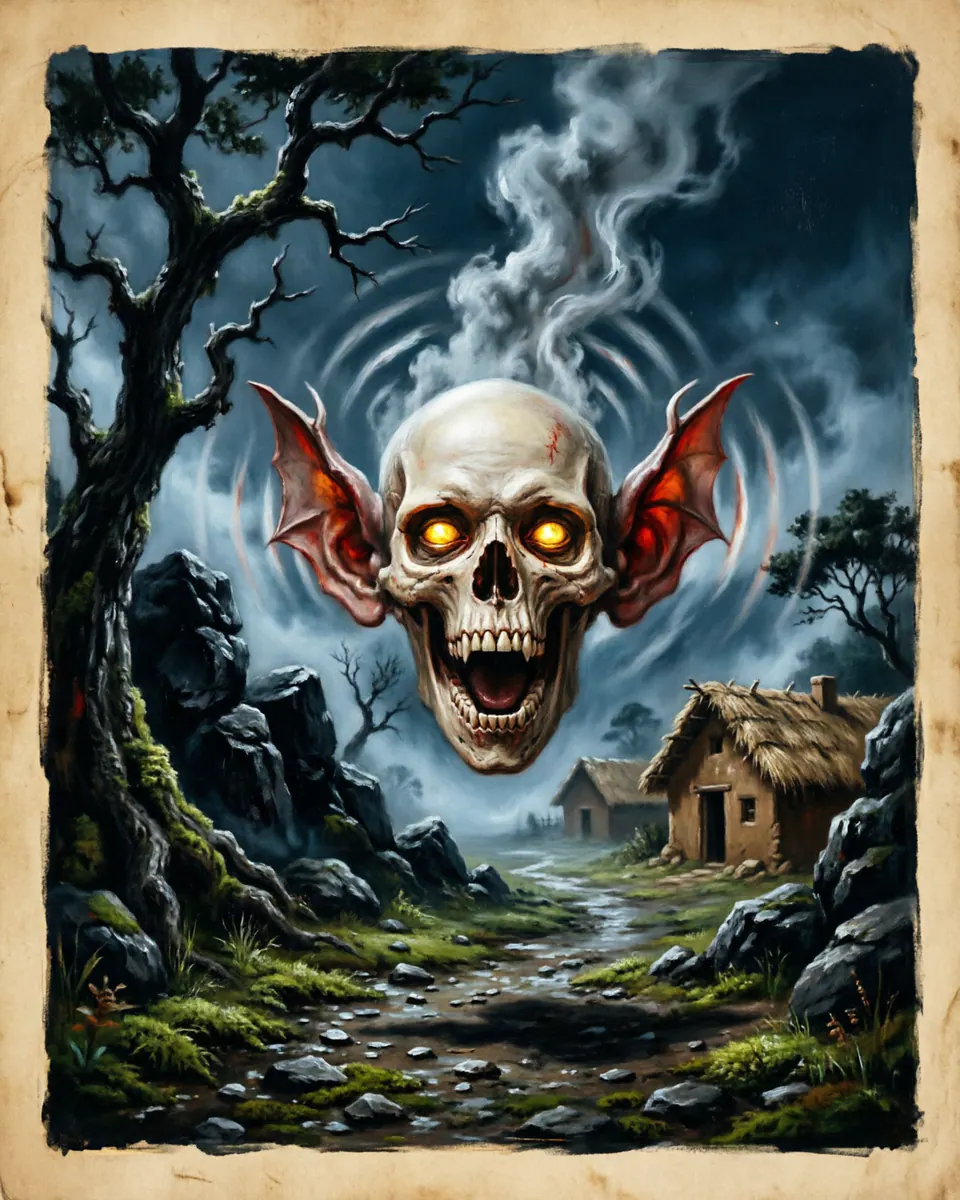Illustration of Chonchón, a spirits, ghosts & demons figure from Mapuche Night Roads, Chile, showing A flying human head with huge flapping ears, glowing eyes, and a cry that sounds like an omen from above the roof.