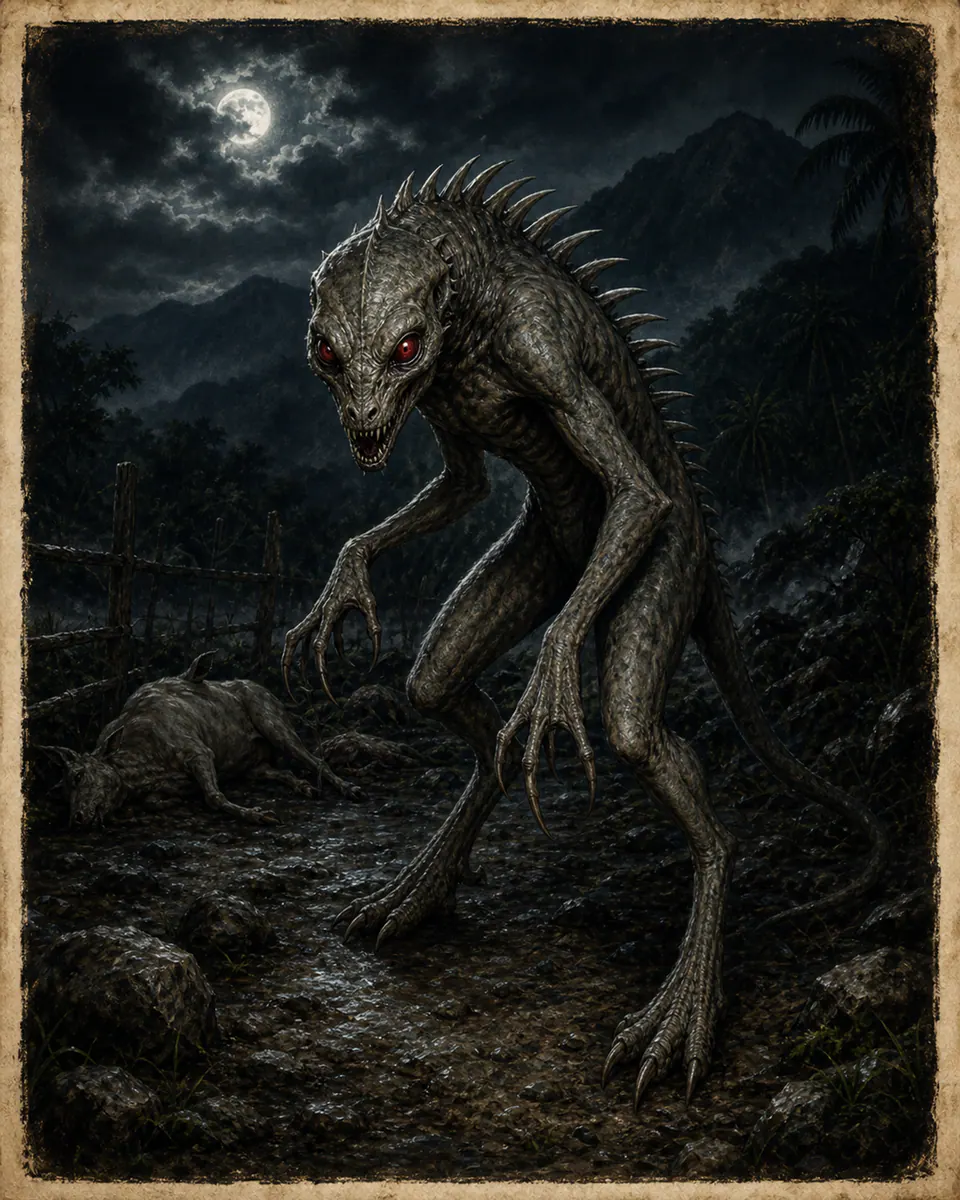 Illustration of El Chupacabra, a vampires & blood-drinkers figure from Canóvanas Mountains, Puerto Rico, showing A bipedal reptilian lizard-dog standing 3 to 4 feet tall, with large crimson alien-like eyes, leather gray skin, and a row of sharp dorsal spikes.