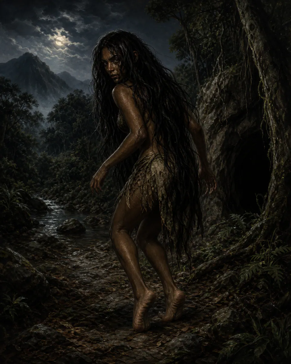 Illustration of Ciguapa, a fae & little folk figure from Cordillera Central, Dominican Republic, showing A dark-haired woman of the wilds, sometimes small and sometimes tall, with backwards feet that make her tracks impossible to follow.