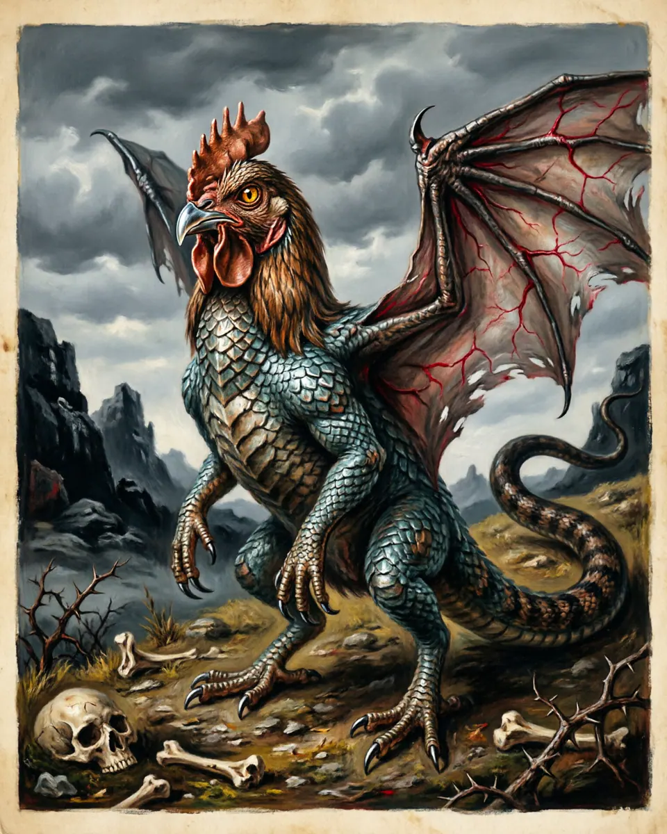 Illustration of Cockatrice, a dragons & sea serpents figure from European Bestiary Farms, England / Europe, showing A rooster-headed reptile with batlike wings, snake tail, and a gaze or breath that kills smaller life instantly.