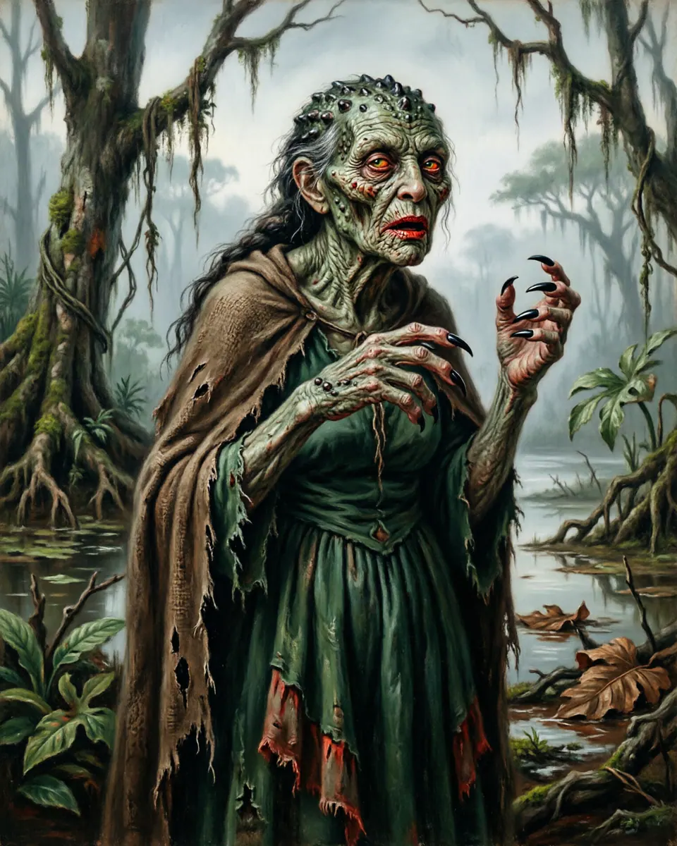 Illustration of Cuca, a shapeshifters & lycanthropes figure from Brazilian Nursery Tales, Brazil, showing A haggard witch with crocodile skin, clawed hands, and a lullaby voice that turns comforting nursery rhythm into threat.