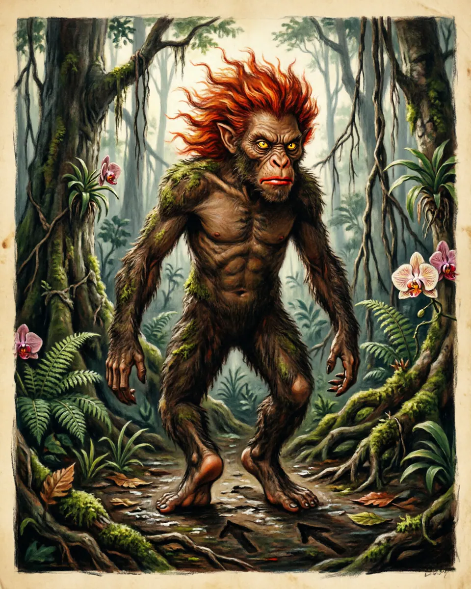 Illustration of Curupira, a fae & little folk figure from Amazon Rainforest, Brazil, showing A fiery-haired forest being with feet turned backwards, leaving tracks that point in the wrong direction.