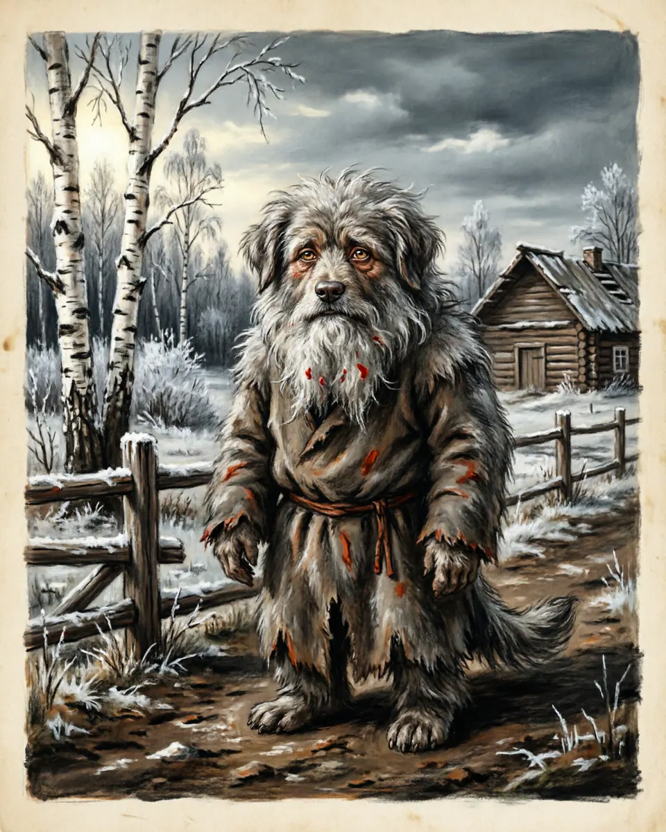 Illustration of Domovoi, a fae & little folk figure from Rural Villages, Russia, showing A tiny, bearded old man who resembles the patriarch of the house, covered in soft shaggy white hair, with warm dog-like eyes.