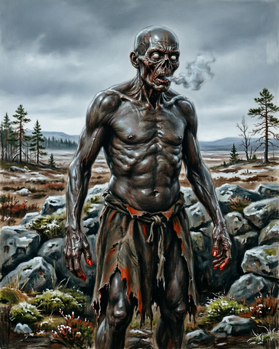 Illustration of Draugr, a vampires & blood-drinkers figure from Norse Burial Mounds, Norway / Iceland, showing A swollen corpse with darkened skin, superhuman strength, and the smell of the grave sealed inside winter.