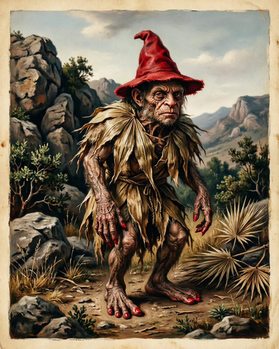 Illustration of Duende, a fae & little folk figure from Andalusia / Latin America, Spain / Mexico, showing A short, stocky creature wearing a red pointed hat (Chupalla) and garments of dry palm leaves, with long wrinkled fingers and forward-slanted toes.