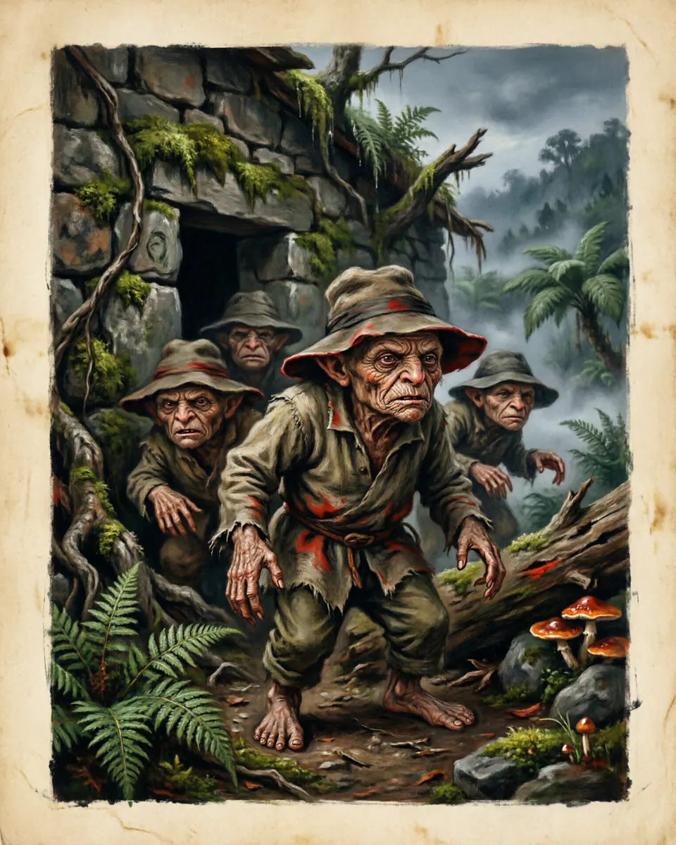 Illustration of Duendes de Costa Rica, a fae & little folk figure from Central Valley Homes, Costa Rica, showing Tiny old men or children in broad hats, with quick hands, wrinkled faces, and the habit of vanishing near walls, roots, and abandoned paths.