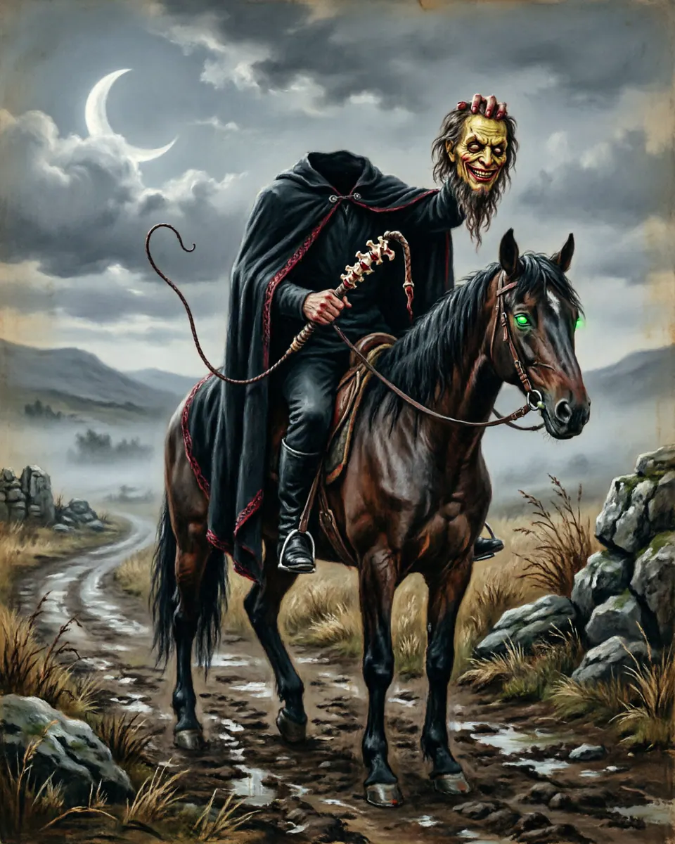 Illustration of Dullahan, a spirits, ghosts & demons figure from Irish Night Roads, Ireland, showing A black-clad horseman carrying his own grinning head, with a whip sometimes described as a human spine.