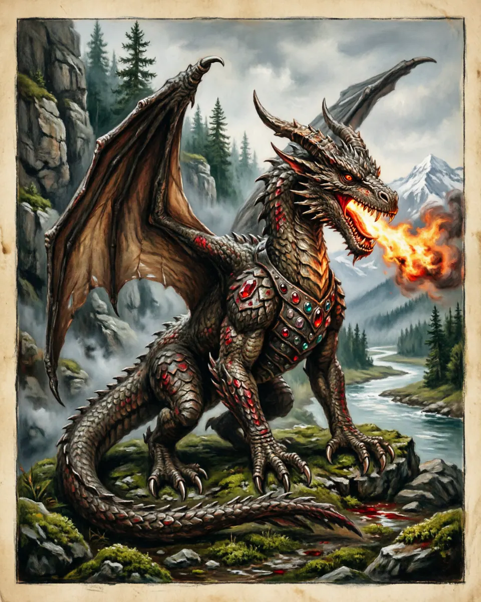 Illustration of European Dragon, a dragons & sea serpents figure from Alpine and Rhine Traditions, Germany / Central Europe, showing A vast scaled reptile with bat wings, horns, claws, furnace breath, and a belly armored by gemstones or iron-hard plates.