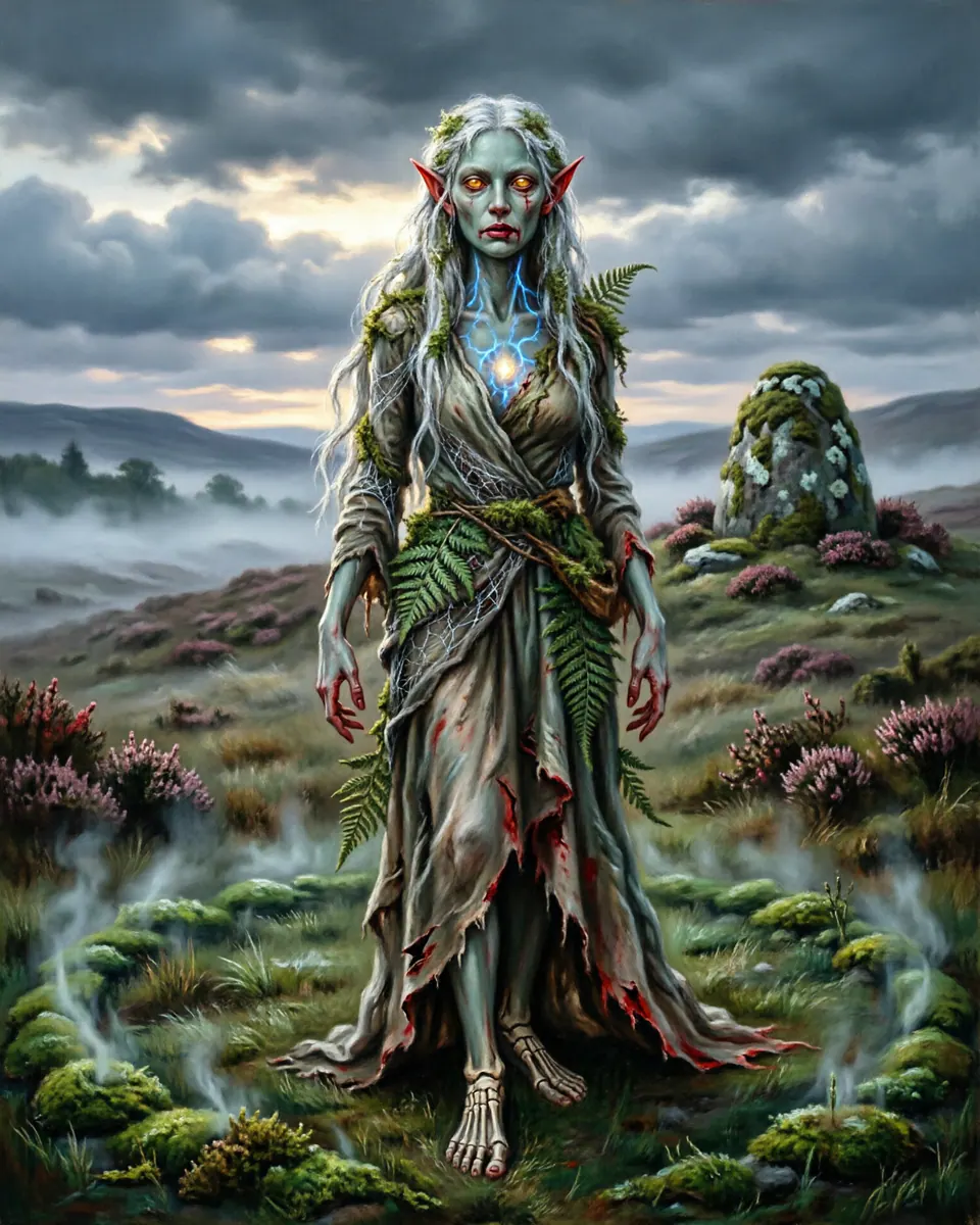 Illustration of The Fair Folk, a fae & little folk figure from Irish and Scottish Sidhe Mounds, Ireland / Scotland, showing Beautiful or eerie humanlike beings whose glamour hides age, wildness, or impossible anatomy, often seen near fairy rings and ancient mounds.
