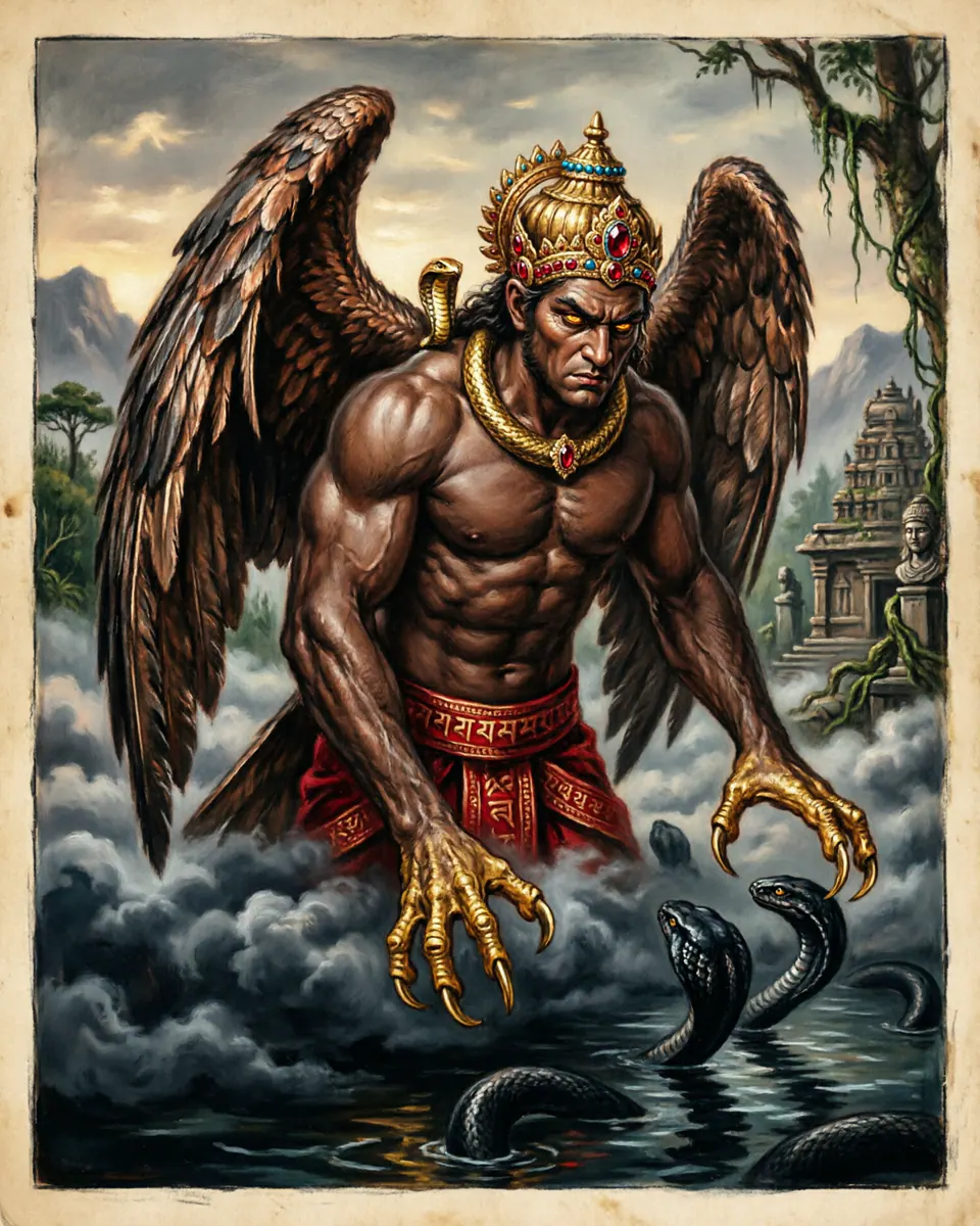Illustration of Garuda, a dragons & sea serpents figure from South and Southeast Asia, India / Indonesia, showing A golden eagle-man with immense wings, royal ornaments, and talons ready to seize serpents from water or cloud.