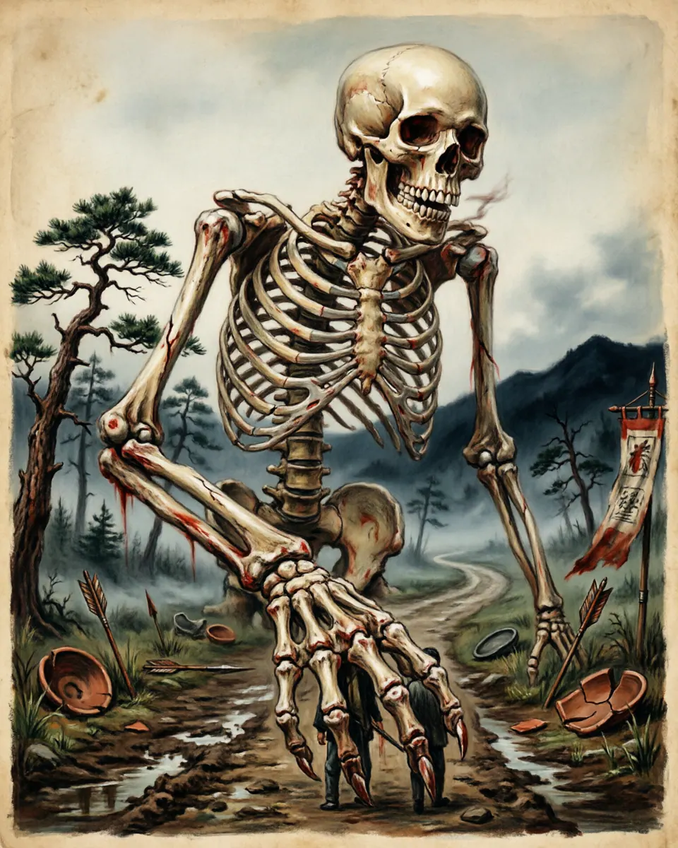 Illustration of Gashadokuro, a spirits, ghosts & demons figure from Japan Battlefield Roads, Japan, showing A towering skeleton whose teeth clatter like distant bells and whose hand can close around a traveler whole.