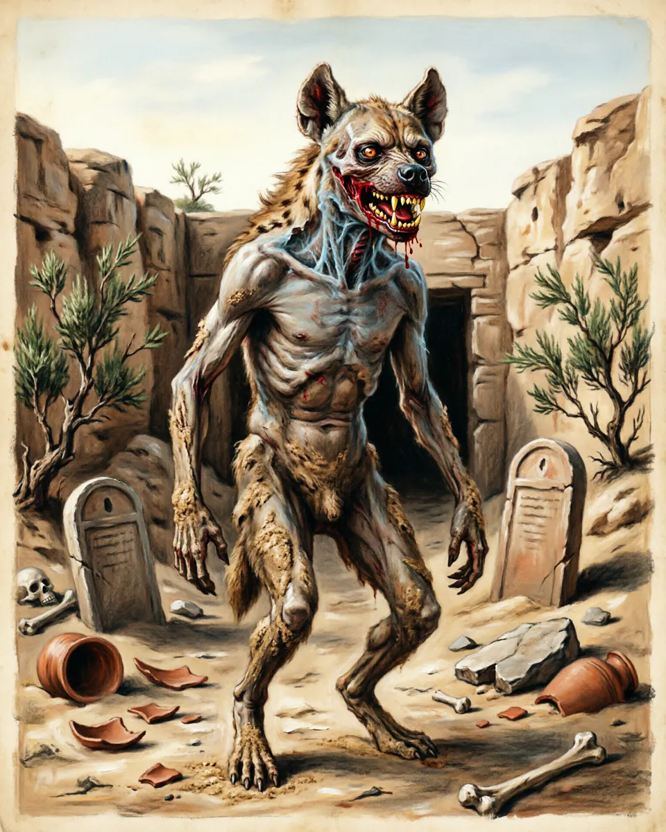 Illustration of Ghoul, a vampires & blood-drinkers figure from Arabian Grave Roads, Middle East, showing A lean corpse-eater with sand-caked limbs, a hyena-like grin, and the ability to borrow a human face.