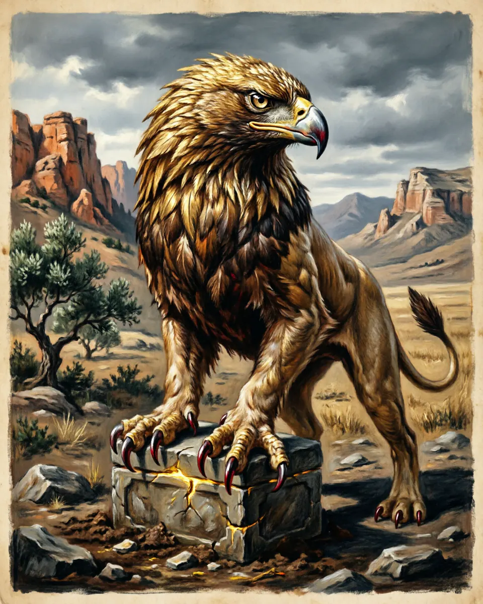 Illustration of Griffin, a dragons & sea serpents figure from Mediterranean and Eurasian Gold Lands, Greece / Central Asia, showing A lion-bodied, eagle-headed guardian with hooked beak, golden feathers, and talons over hidden wealth.