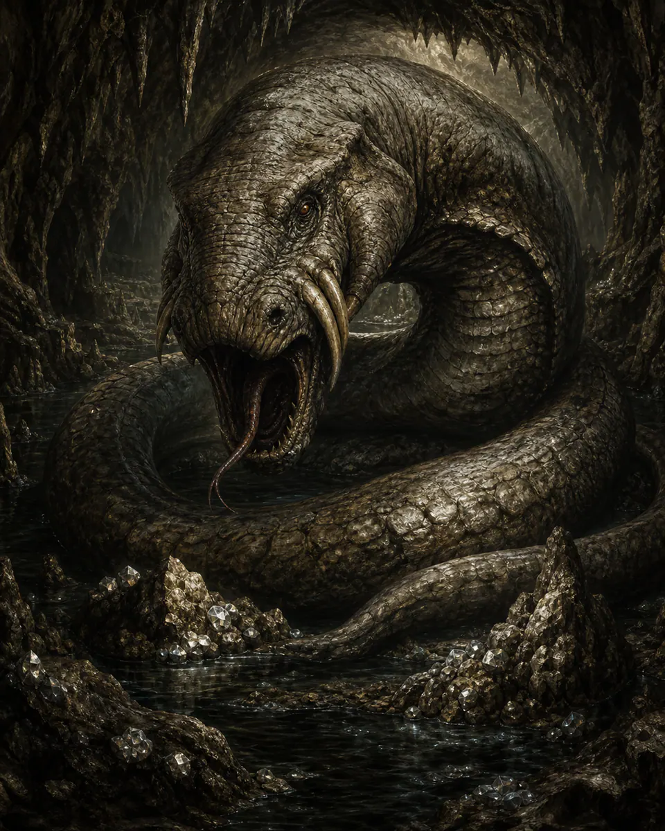 Illustration of Grootslang, a dragons & sea serpents figure from Richtersveld Caves, South Africa, showing A massive serpent with elephantine bulk, ancient eyes, and a cavern body coiled around diamonds or underground water.