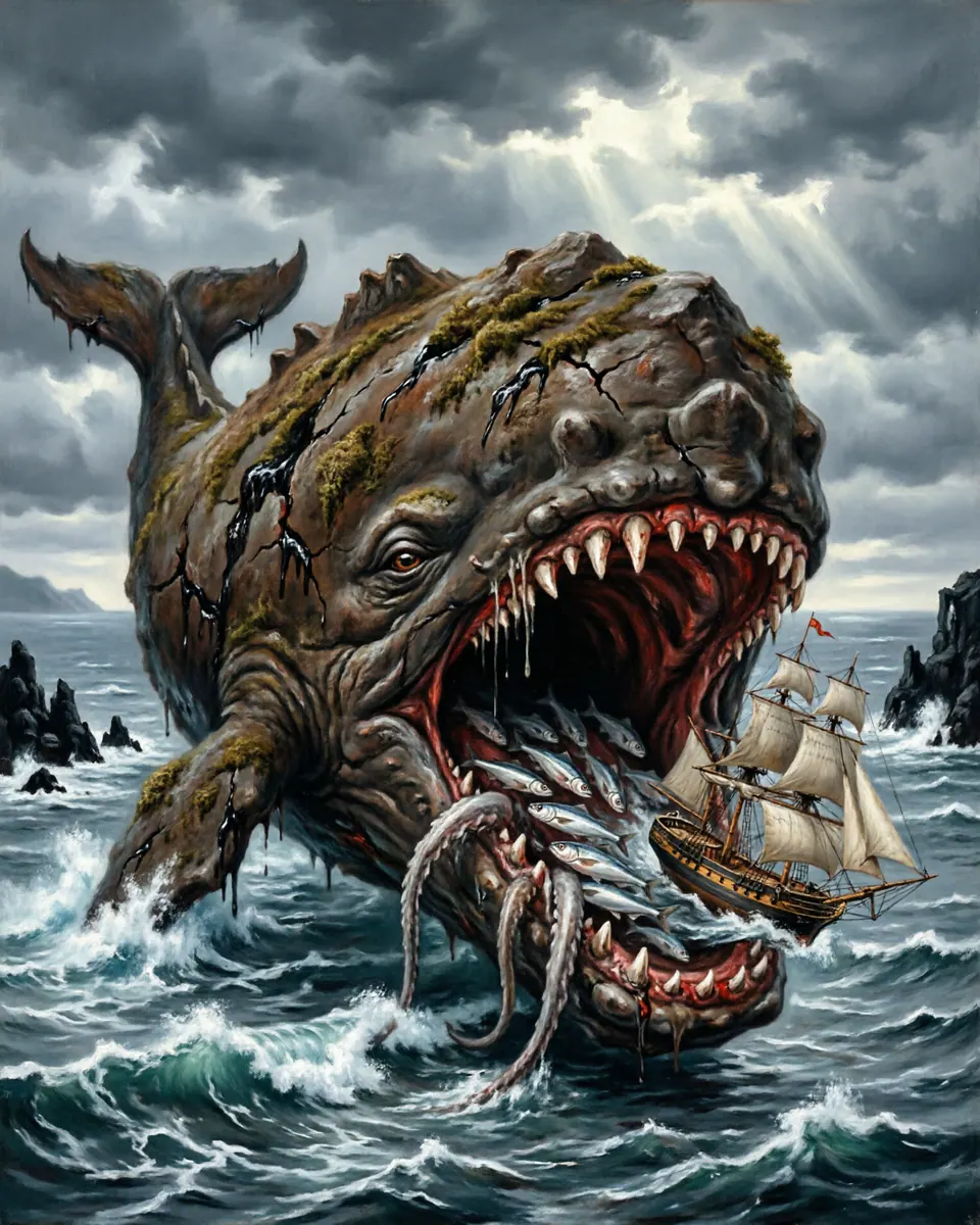 Illustration of Hafgufa, a lake & sea monsters figure from North Atlantic Sea Lanes, Iceland / Norway, showing A vast whale-island mass with a mouth like a bay, drawing fish and ships toward a living coastline.