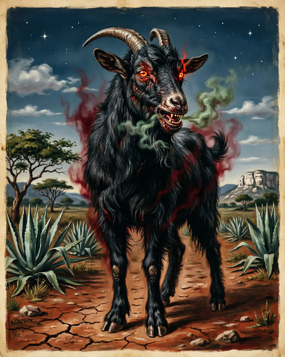 Illustration of Huay Chivo, a shapeshifters & lycanthropes figure from Yucatán Night Roads, Mexico, showing A large black goat or goat-man with burning eyes, rotten breath, and a smell of sulfur or old blood.