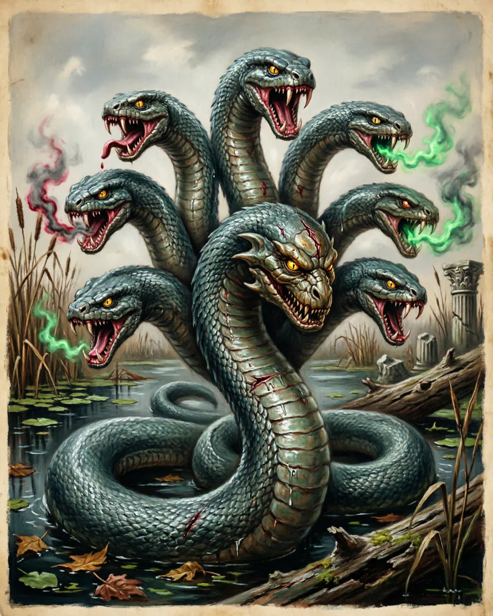 Illustration of Lernaean Hydra, a dragons & sea serpents figure from Lerna Marshes, Greece, showing A swamp serpent with multiple necks, venomous breath, and a central deathless head hidden among the rest.