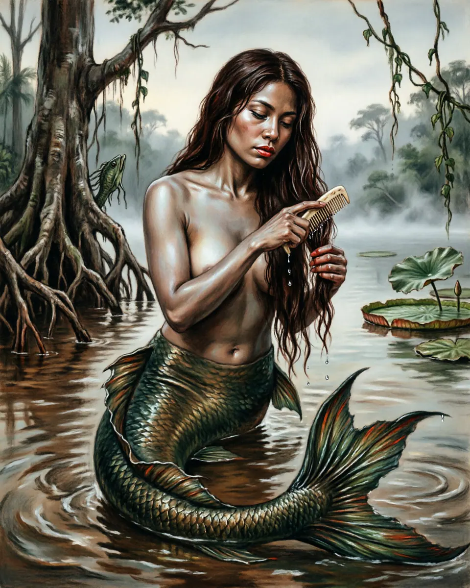 Illustration of Iara, a lake & sea monsters figure from Amazon River, Brazil, showing A dark-haired river woman with luminous skin and a fishlike lower body in some versions, combing her hair near the waterline.