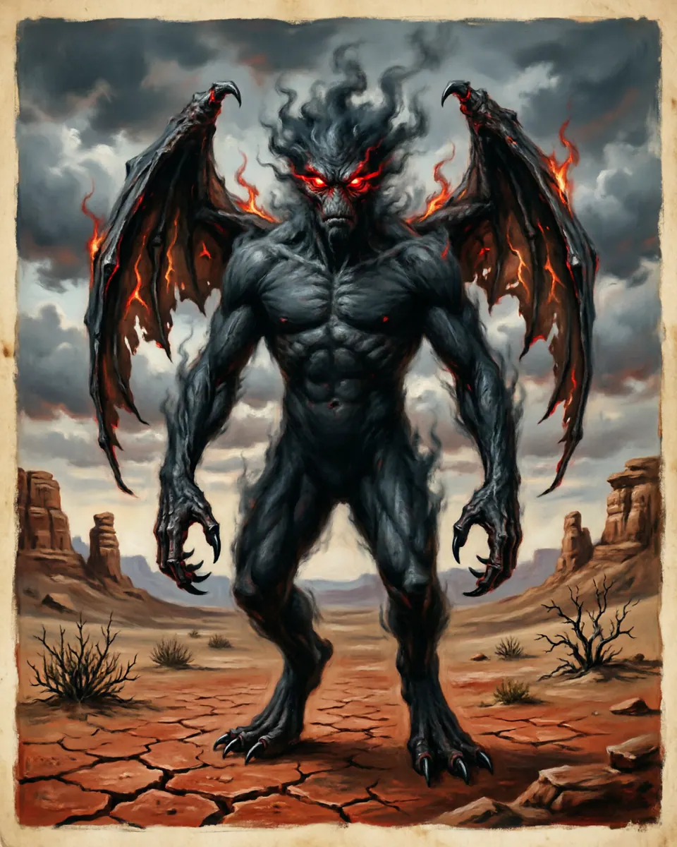 Illustration of Ifrit, a spirits, ghosts & demons figure from Middle East Deserts, Iraq / Arabia, showing A towering smoke-black spirit with ember eyes, clawed hands, and heat-shimmering wings or shoulders.