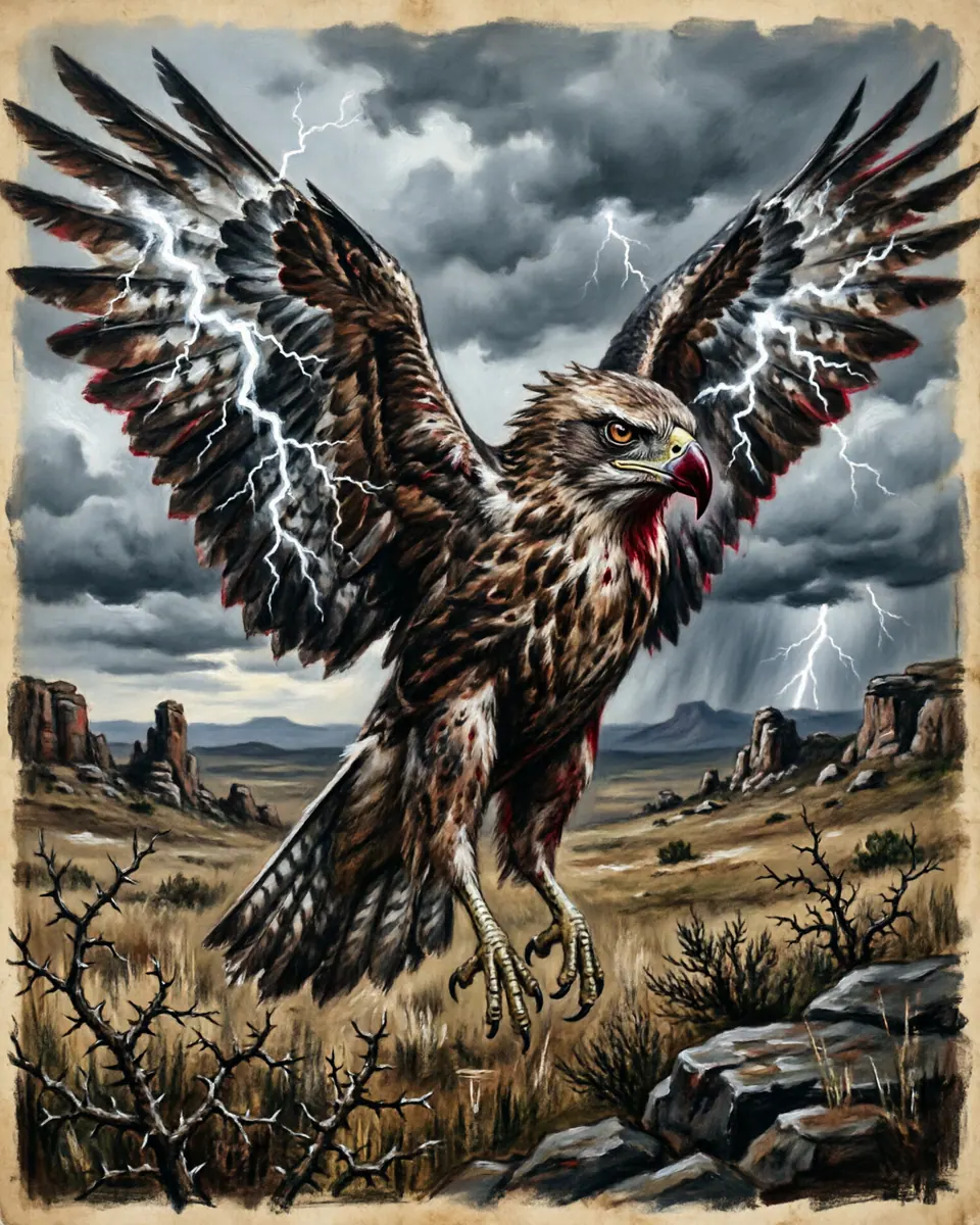 Illustration of Impundulu, a vampires & blood-drinkers figure from South Africa Storm Country, South Africa, showing A dazzling bird-man or raptor shape flashing white and black, with thunder in its wings and a dark crimson stain on its beak.