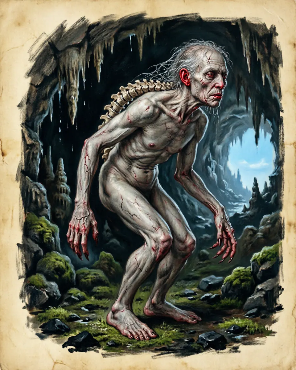 Illustration of Invunche, a spirits, ghosts & demons figure from Chiloé Cave Mouths, Chile, showing A twisted human figure with limbs bent into impossible positions, often with one leg fastened behind the neck.
