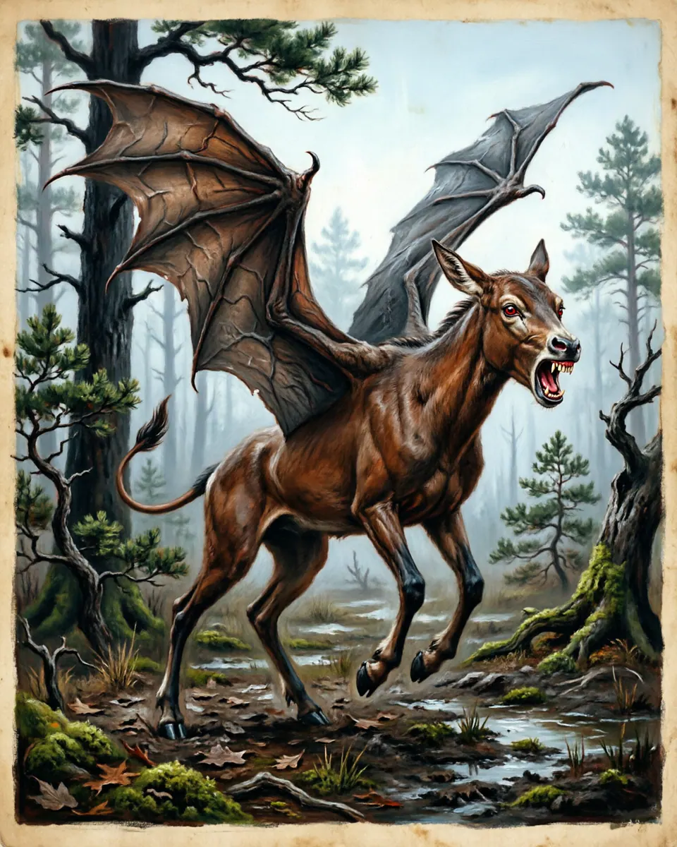 Illustration of Jersey Devil, a humanoid cryptids figure from New Jersey Pine Barrens, United States, showing A thin horse-faced, goat-hooved, bat-winged figure with a forked tail and a scream that cuts through pines.
