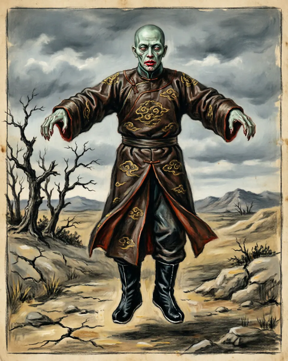 Illustration of Jiangshi (Hopping Vampire), a vampires & blood-drinkers figure from Gansu & Hunan Provinces, China, showing A stiff, greenish-white corpse dressed in formal silk robes of the Qing Dynasty, hopping with both arms rigid and extended.