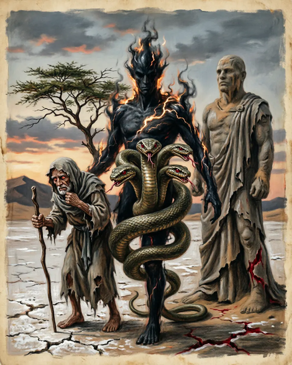 Illustration of Jinn / Genie, a spirits, ghosts & demons figure from Rub' al Khali Desert, Saudi Arabia / Yemen, showing A shape of shifting smokeless fire or black lightning, capable of manifesting as an old beggar, a multi-headed serpent, or a majestic colossus.