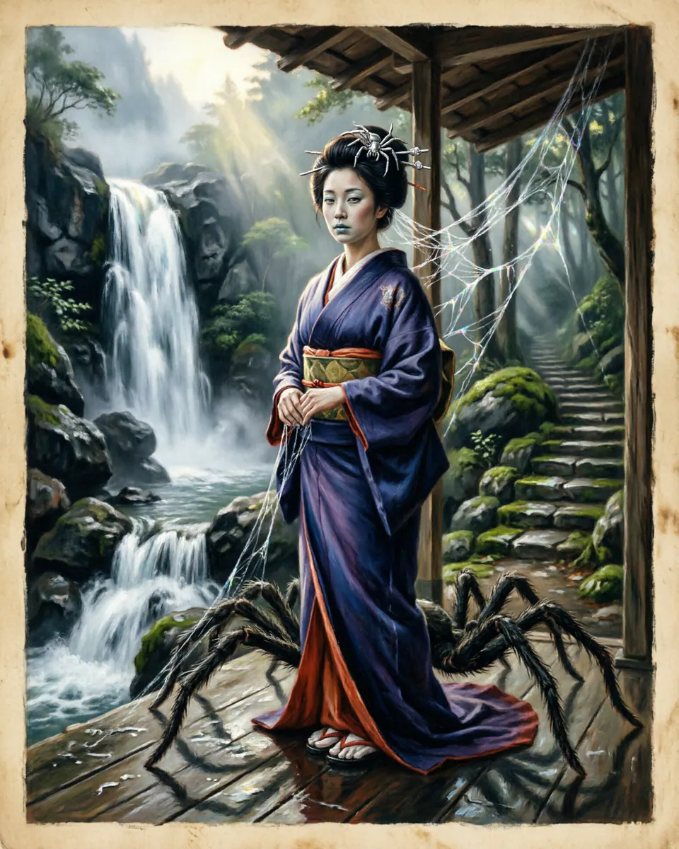Illustration of Jorogumo, a shapeshifters & lycanthropes figure from Japan Waterfalls and Inns, Japan, showing A graceful woman whose shadow reveals spider legs, silk threads, and predatory patience.